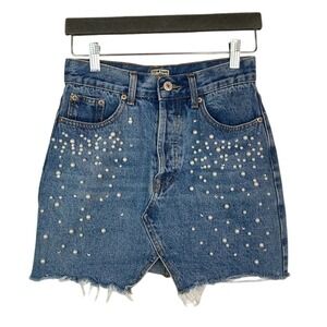 Pearl Embellished Denim Mini Skirt XS Raw Hem Y2K Retro Trendy Casual Festival